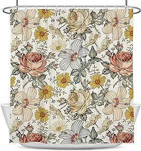 Coxila Floral Shower Curtain Vintage Yellow Retro Flower Farmhouse Cute Rustic Country Pretty Botanical Plant Cottagecore Boho Mustard Antique Fun Bathroom 60 x 72 Inch Polyester Fabric 12 Pack Hooks
