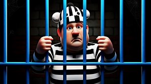 Jail bars cartoon with a sad prisoner looking through. Suitable for illustrating confinement, imprisonment, seeking freedom, justice, or despair themes.