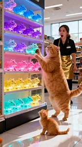 Cute Cat And Baby Explore Shelves Of Rainbow Hippos Before Sunset Scooter Adventure #CuteCat #CatDad #KittenLove #FunnyPets #CatOnScooter #NeonToys #WholesomePets #CatStory #ViralShorts #PetAdventure | Meow Magic