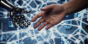 Hands Of Human-Robot AI Cyborg Encounter Machine Learning Unites Hands of Robot and Human in Touch