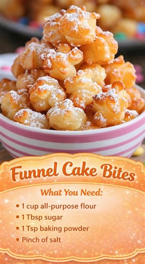 Funnel Cake Bites once you start, it’s impossible to stop 📋 Ingredients ● 1 cup all-purpose flour ● 1 tbsp sugar ● 1 tsp baking powder ● Pinch of salt ● 1 egg ● ¾ cup milk ● ½ tsp vanilla extract ● Oil for frying (vegetable or canola) ● Powdered sugar, for dusting 📝 Instructions 1: Mix Dry: Whisk flour, sugar, baking powder, and salt in a bowl. 2: Mix Wet: In another bowl, beat the egg, then stir in milk and vanilla. 3: Make Batter: Combine wet and dry ingredients until smooth and pancake-like