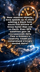 What if time literally speeds up in space? 🤯 Einstein's relativity tells us it does! Near massive objects, clocks tick faster. A clock orbiting a black hole would see billions of seconds pass for every second on Earth! Even GPS satellites gain 38 microseconds daily. Could you even comprehend a second in such a place? #TimeDilation #SpaceFacts #Physics #GeneralRelativity #Spacetime #CosmicMystery #Science | Astro Byte