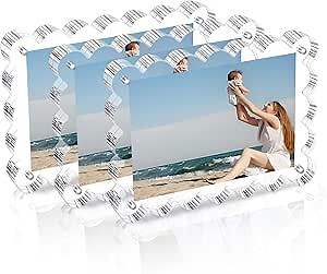 Chivalral 3 Pack Acrylic Picture Frame. 4x6inch Magnetic Picture Frames, Double Sided,10+10mm Thick Block, Clear Photo Scalloped Frames Freestanding for Desktop Display