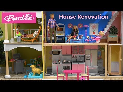 Barbie and Ken Story: Barbie House Renovation with New Barbie Kitchen, Living Room and Studio