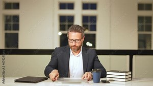 Start and end of working day. Office worker comes home from work. Businessman going to work in office. Business office. Businessman working with laptop in office. Business man director finish work.