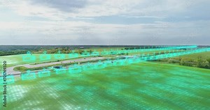 Visualization of cargo delivery. Smart delivery concept. Delivery of goods visualization. The route along which boxes with cargo fly