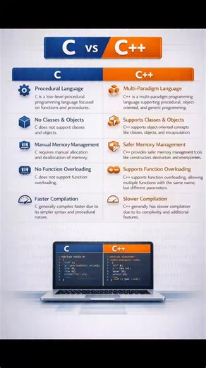 Prashant Kumar on Instagram: "C vs C++ – Key Differences Explained Simply 🧠 Confused between C and C++? This short video breaks down the core differences between the two powerful programming languages in a simple and professional way. 🔹 C focuses on procedural programming with manual memory control. 🔹 C++ extends C with object-oriented and modern programming features like classes, inheritance, and safer memory handling tools. Whether you’re a student, beginner, or developer, this quick compar