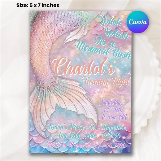 Editable Mermaid Tail Birthday Invitation Girl, Mermaid Bash Under the Sea Birthday Invite, Mermaid Party Invite, Mermaid Invitation, Canva - Etsy