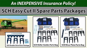 SCH EasyCut II Cutterbar Spare Parts Bags – An Inexpensive Insurance Policy S.I. Distributing has created parts bags/packages to make it easier for you to stock spare parts for the SCH EasyCut II cutting system. We like to call it an "inexpensive insurance policy" in case you need a replacement part on a Friday night, for example. These kits include a range of spare parts that vary depending on the platform. The wear plates and roller guides package include a bag that you can store in your vehic