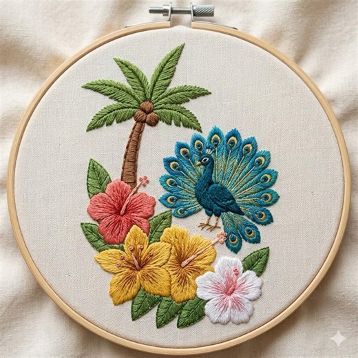 Peacock With Lily Flowers Embroidery Pattern, Coconut Tree Hand Embroidery PDF - Etsy