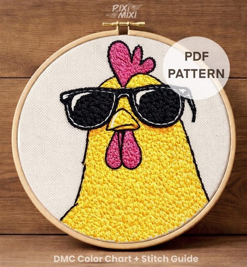 Funny Chicken Embroidery Pattern, Sunglasses Chicken, Modern Beginner DIY (PDF Download) - Etsy