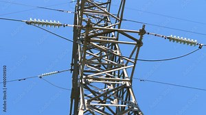 High-voltage lines of high-voltage masts. Transmission line. Production and supply of electricity.