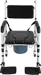 Shower Chair with Wheels, Rolling Commode Chair for Toilet with Arms, Adjustable Height Folding Bath Commodes for Inside Shower, Bedside Wheelchair Bathroom Chairs for Elderly, Disabled, Injured