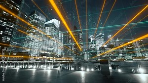 Modern city with abstract futuristic network connections. Digital and technology concept