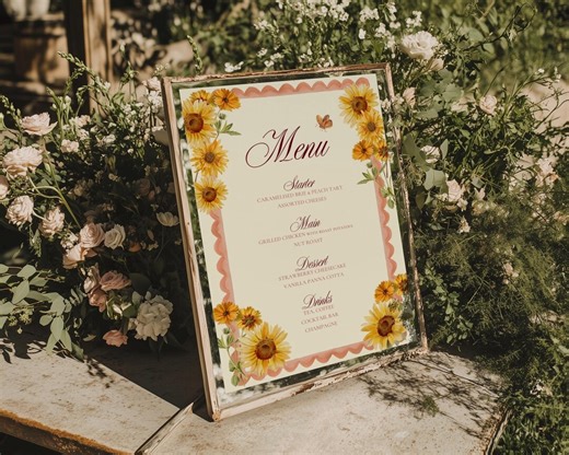 Dinner Party Menu Template: Orange Sunflower Floral Elegant Chic (5x7, Canva Editable) - Etsy
