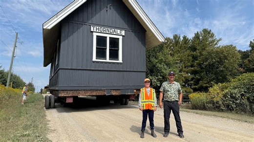 Moving a train station from 1915 across Thamesford, Ont.