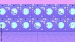 Laundry in public lo fi animation. Spinning dryer. Commercial laundromats. Washing machine. Animated 2D cartoon interior. Chill lofi music 4K video vaporwave background, alpha channel transparency vídeo de Stock