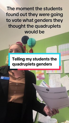 When I told my studnets the quadruplets genders. I loved sharing these moments the kids. They were so excited and invested in my journey. There wasnt a day that they didnt help, support or be kind to be me which made my time at work while pregnant so much easier. #quadruplets #pregnancy #multiples #pregnantwithquadruplets #quadrupletpregnancy #pregnancyjourney #genderreveal #studentreactions #teacher