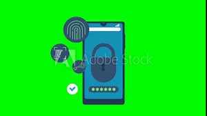 Data protection on mobile. Protect your personal data on your cell phone. Protection. Lock your data with your fingerprint, and face scan. 2d flat animation. Alpha channel. Chroma key