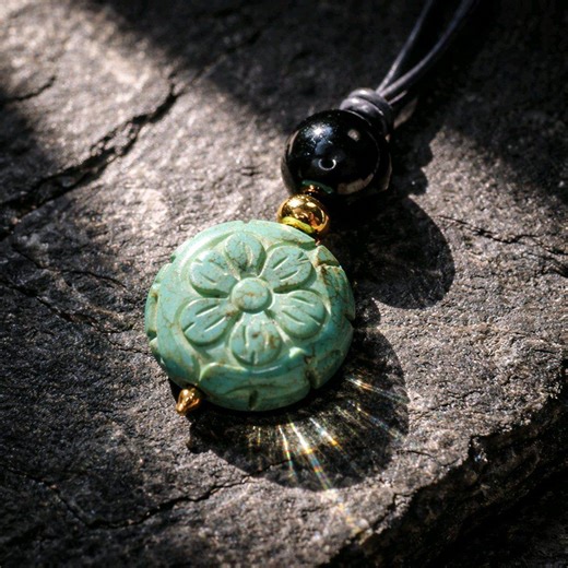 Turquoise Flower Necklace, Chunky Obsidian Protection Jewelry, Hand Carved Totem Crystal Pendant, Adjustable Leather Cord - Etsy