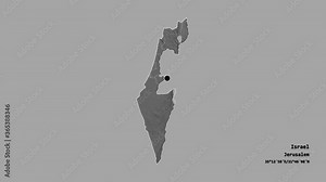 Jerusalem, district of Israel, with its capital, localized, outlined and zoomed with informative overlays on a bilevel map in the Stereographic projection. Animation 3D