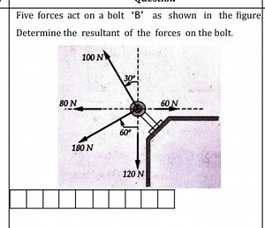 Five forces act on a bolt ' B ' as shown in the figureDetermin... | Filo