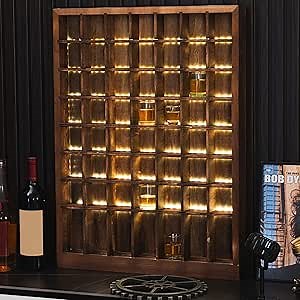 GlikCeil Wood Shot Glasses Display Case with LED Lights 42 Compartments Wall Mounted Shot Glass Holder Shelf Rustic Storage Organizer Shadow Box Bar Cabinet Collection