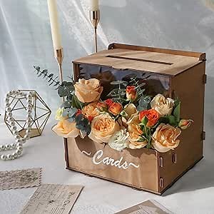 OurWarm Wooden Wedding Card Box with Flower Trough, Brown Gift Card Box for Wedding with Acrylic Board, Wedding Card Boxes for Reception Rustic Wedding Decor for Graduation Baby Showers Birthday Party