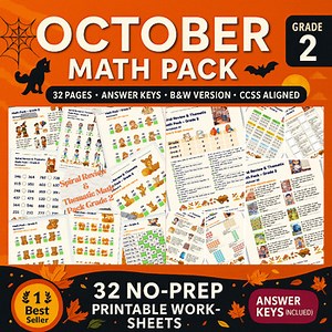 October Grade 2 Math Worksheets 32-Page Spiral Review & Assessment Pack (CCSS)