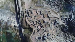 Celtic settlement of Castro de Baroña. Beach of Porto do Son, A Coruña. Galicia, Spain. Aerial Drone Footage