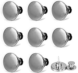8 Sets Button Pins for Jeans - 17MM/0.67Inch Silver Glossy Adjustable Jean Button Pins Metal Clips Snap Tack for Extending or Reducing Any Pants Waist/Bag Clothes Hat Decor HE110G