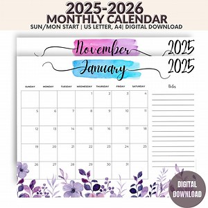2025 2026 Printable Calendar: Floral Design, Monthly Planner, Calendar Template, DIY Wall Calendar, Digital Calendar for Easy Planning - Etsy