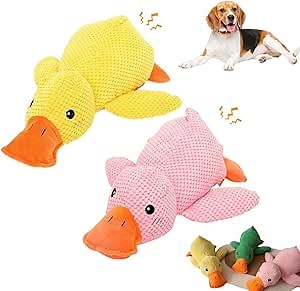 Quack-Quack Duck Dog Toy, 2026 The Mellow Calming Duck for Dogs, Durable Chew Squeak Toy for Pets, Yellow Stuffed Ducks, Interactive Plush Dog Toys (Yellow+Pink, 2pcs)