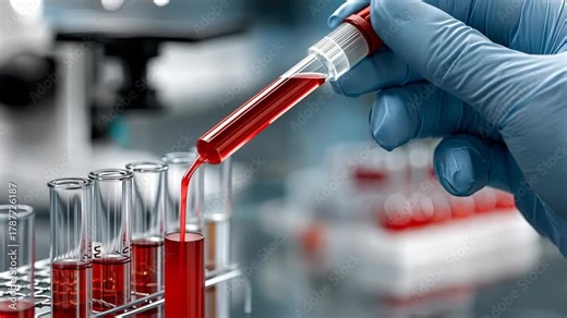Blood sample collection process shown in a laboratory setting with precise handling of test tubes and pipettes