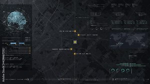 Futuristic digital city map layout with satellite GPS coordinate searching and target tracking, interface head up display screen with data telemetry information for background display Stock Video