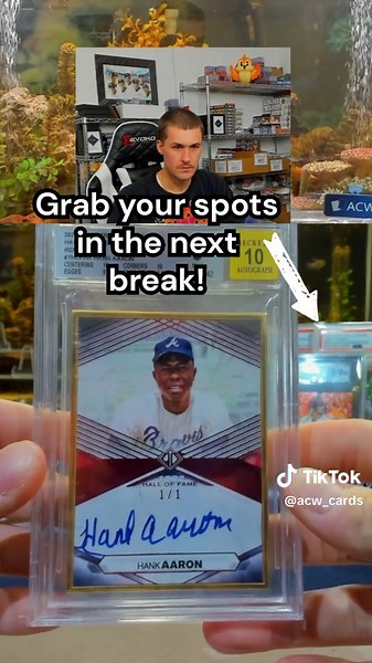 💛 HANK AARON 1/1 GOLD FRAMED TRANSCENDENT AUTO BGS 9/10! 💛 Just pulled this iconic card from one of our ACW Grand Slam Hit Boxes! A true legend of the game paired with a 1/1 gold-framed beauty—this is a once-in-a-lifetime hit! 🌟 Who’s ready to chase more legendary treasures like this? 🚀 Join our next live break and see what’s waiting! 💥#acwcards #sportscards #epicpulls #baseballcards #bravesbaseball #legendaryautograph #halloffame #hankaaron #1of1