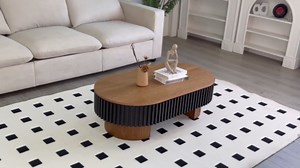 Oval Coffee Table with Hidden Storage, 43.7" Mid Century Modern Living Room Center Table with Removable Tabletop & Sturdy Pedestal Base, Wood Fluted Coffee Table for Home Decor Apartment, Brown+Black