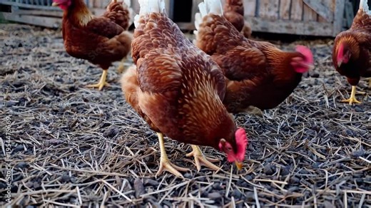 Hen chicken forage on farm coop pasture. Poultry peck straw and soil while roaming. Organic agriculture farming practice visible around barn. Calm rural atmosphere with natural livestock behavior.