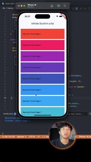 Dandi Dev on Instagram: "⏳ Stop fetch semua data sekaligus di Flutter! Pelajari cara implement Infinite Scroll Pagination di ListView: ✅ Load data bertahap sesuai scroll, bukan sekaligus ✅ Tangani loading & error state dengan mudah ✅ Feed & list apps jadi cepat & responsif ✅ Cocok untuk API besar tanpa bikin user nunggu lama 🚀 #coding #programming #flutter"