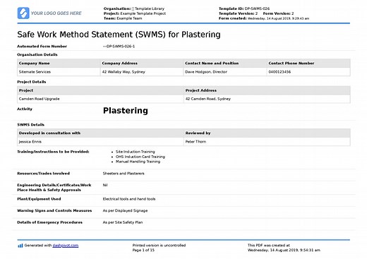 Plastering Safe Work Method Statement (Free plastering SWMS)