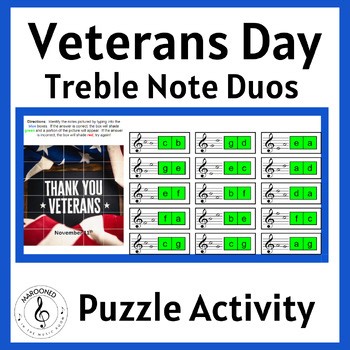 Veterans Day Treble Note Duos Puzzle Review - Google Sheets gen. music/band/orch