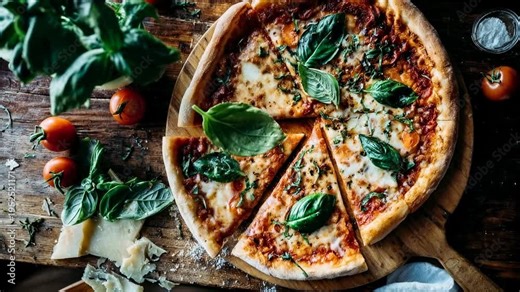 Fresh baked pizza with melted cheese and herbs on wooden table capturing delicious comfort food rustic kitchen atmosphere and appetizing culinary presentation w