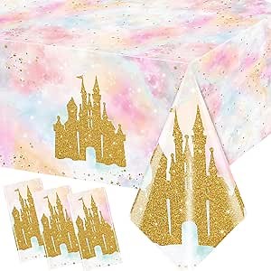 Juweked 3Pcs Princess Castle Tablecloth Rectangle Princess Table Cloths for Birthday Party, Pink Tablecloth Plastic Pastel Table Cover Gold and Pink Party Decor, 70.8" x 42.5"