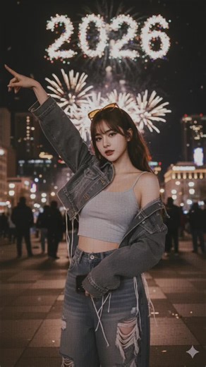 Gemini Ai Prompt. Happy new year 2026 🎆 Prompt : A hyper-realistic 8K night portrait of a woman (face 100% unchanged) in an open urban city setting during a lively New Year’s Eve 2026 celebration. She stands in an open city plaza surrounded by soft reflections of urban lights—streetlamps, neon glows, subtle storefront signs, festive decorations, and blurred high-rise lights in the distance. No walls or buildings directly behind her—just an airy, open city environment with lots of space and dept