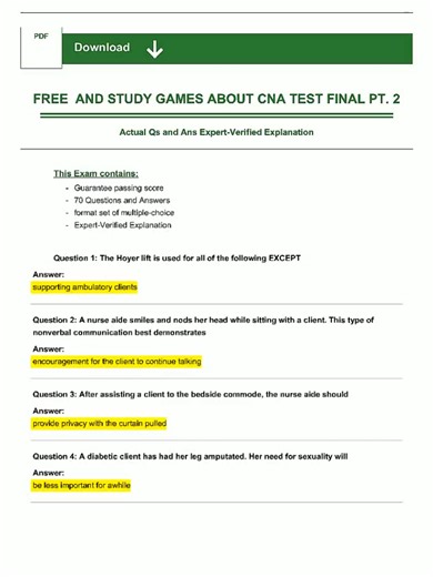 Preparing for your CNA (Certified Nursing Assistant) Final Exam in 2025–2026? You’re not alone—and the good news is that plenty of free, up-to-date practice resources are available to help you succeed. The CNA final exam typically includes two parts: Written (or computer-based) knowledge test – multiple-choice questions covering 17 core modules (e.g., infection control, safety, ADLs, communication, ethics) Skills evaluation – hands-on demonstration of 3–5 randomly selected nursing skills ✅ Free 