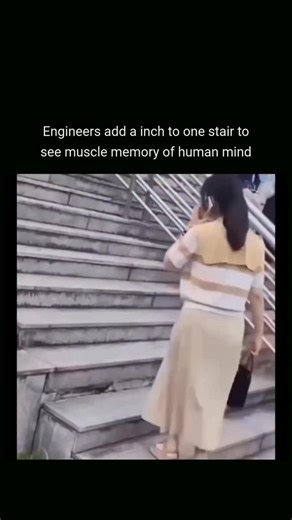 EXPLAINERS | FACTS | KNOWLEDGE on Instagram: "You are looking at a simple stair that exposes how deeply muscle memory controls the human body. Engineers added just one extra inch to a single step, barely noticeable to the eye. As people climbed, their brains relied on habit instead of calculation, expecting every stair to match the last. That tiny difference disrupted the pattern, triggering hesitation, missteps, and sudden loss of balance. This experiment reveals how the mind values efficiency