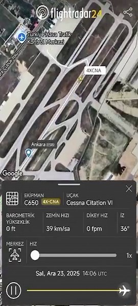 1. Fotoğraf: 23 Aralık 2025’te İsrail uçağının Ankara'ya gelişi (TSİ-Lokal Saat ile 17.04)1. Video: İsrail uçağının Ankara'ya gelişi (UTC-Coordinated Universal Time ile 14.04), 5 No’lu aprona girişi.2. Fotoğraf: 23 Aralık 2025’te İsrail uçağının Ankara'dan kalkışı (TSİ-Lokal Saat ile 18.45)2. Video: İsrail uçağının 5 No’lu aprondan çıkışı, Ankara'dan kalkışı (UTC-Coordinated Universal Time ile 15.45)Not: Aralık ayında TSİ ve UTC arasında 3 saatlik bir fark vardır.