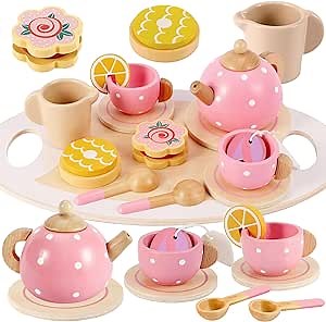 BUYGER Kids Wooden Tea Party Set for Little Girls Toddler Pretend Play Food Kitchen Accessories Princess Birthday Gifts for Ages 3 4 5 Years Old