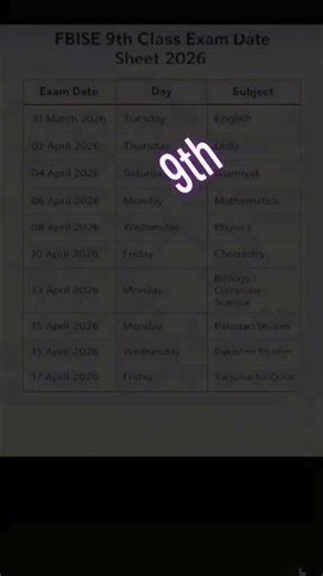 tag9th Class Date Sheet 2026 | Federal Board of Intermediate and Secondary Education Islamabad