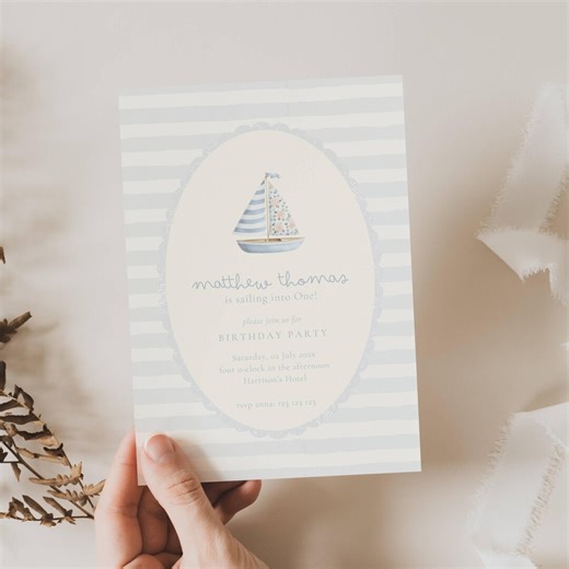 Sailboat Birthday Invitation Boy: Sailing Into One, Ahoy Blue, Nautical, Stripes, Boat (editable Template) - Etsy